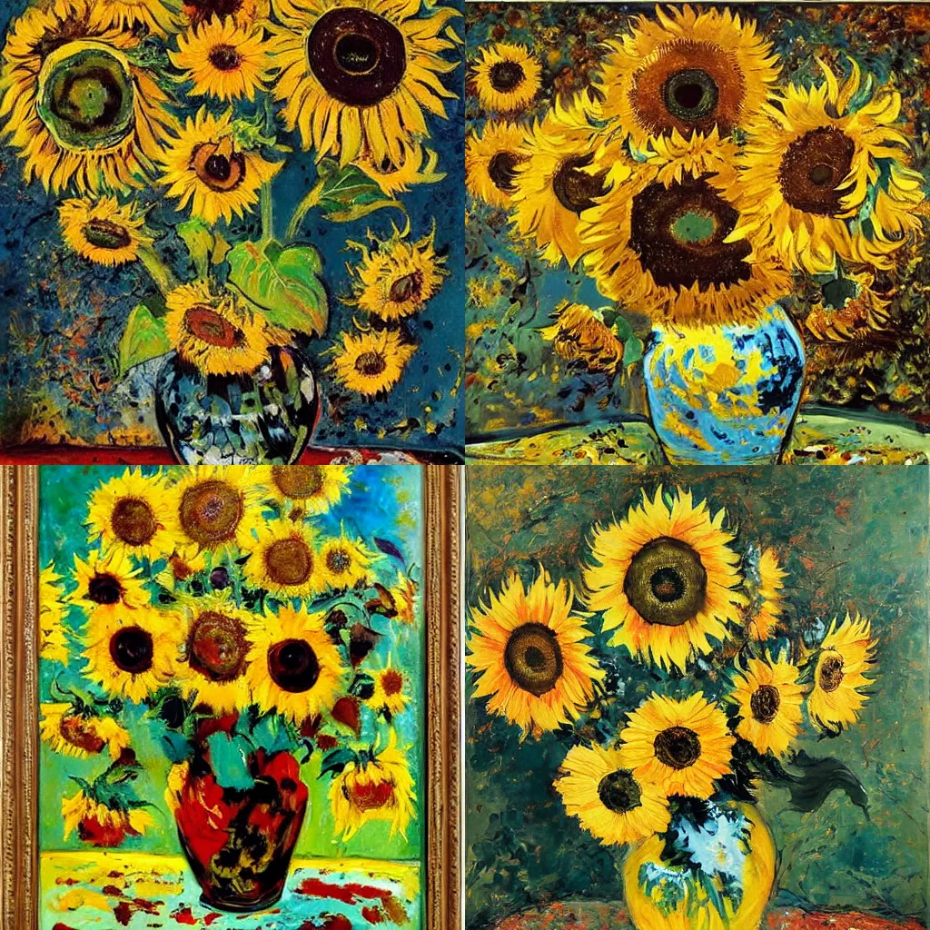 Prompt: a painting of sunflowers, painted by Jackson Pollock, oil painting