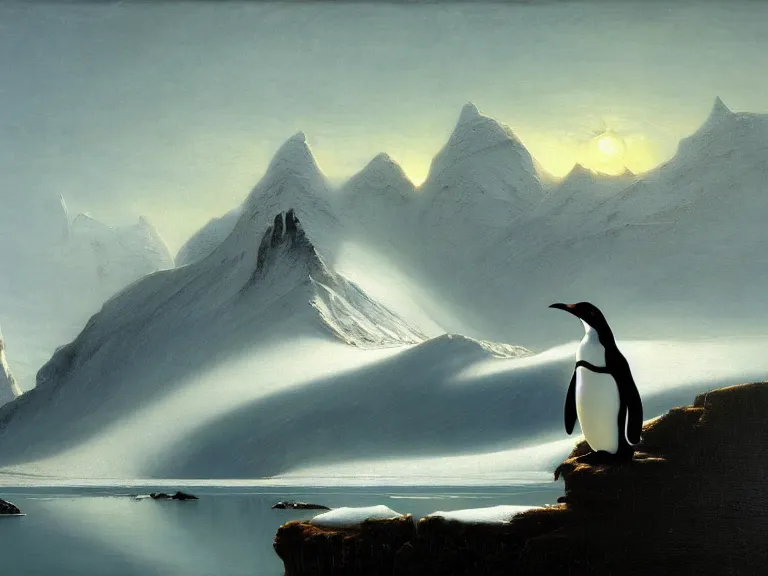 Image similar to an oil painting of a penguin and a misty glacier at dawn. by tuomas korpi moebius and carl spitzweg. baroque elements. intricate artwork by caravaggio. oil painting. oil on canvas. award winning. dramatic. trending on artstation. 8 k