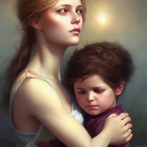 Image similar to pure love is patient love is kind, mother and child ; photorealistic oil painting by charlie bowater and mark brooks ; highly detailed cute faces by wlop ; trending on artstation