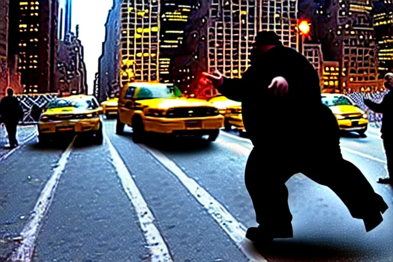 Prompt: [ 1 6 k ] a fat man stomping over new york city. terrorist attack