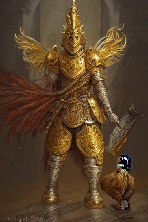 Prompt: a chicken warrior wearing golden armor in a castle, fantasy, intricate, highly detailed, digital painting, HQ, trending on artstation, illustration, style of Stanley Artgerm and Greg Rutkowski and Dan Mumford