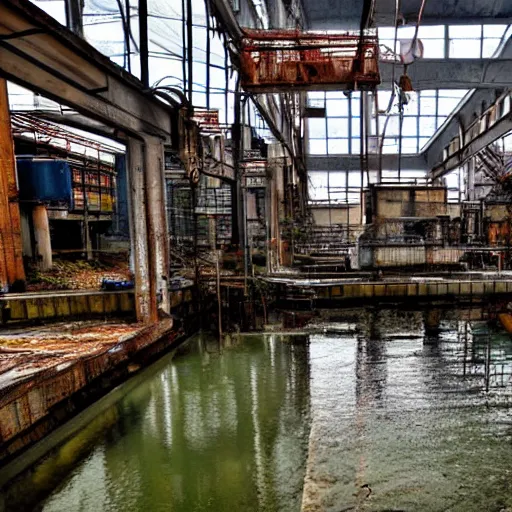 Prompt: an underwater industrial factory covered in rust