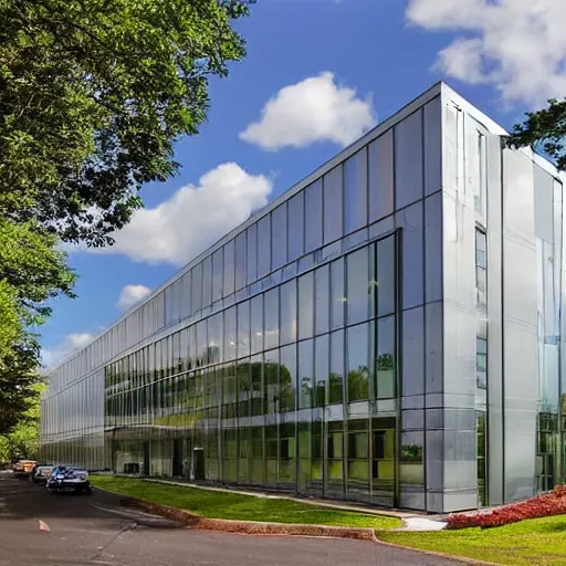 Prompt: corporate office building mailroom, large floor to ceiling windows, view of a beautiful unspoiled woodland