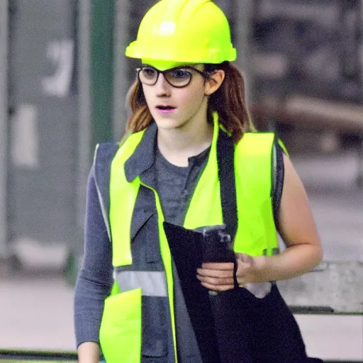 Prompt: photo, close up, emma watson in a hi vis vest, in warehouse, android cameraphone, candid photo 2 6 mm,