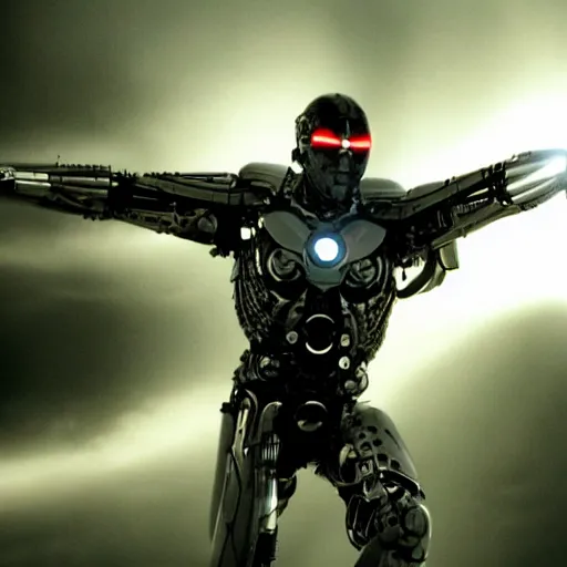 Image similar to movie still of man super hero cyborg, cinematic composition, cinematic light, by edgar wright