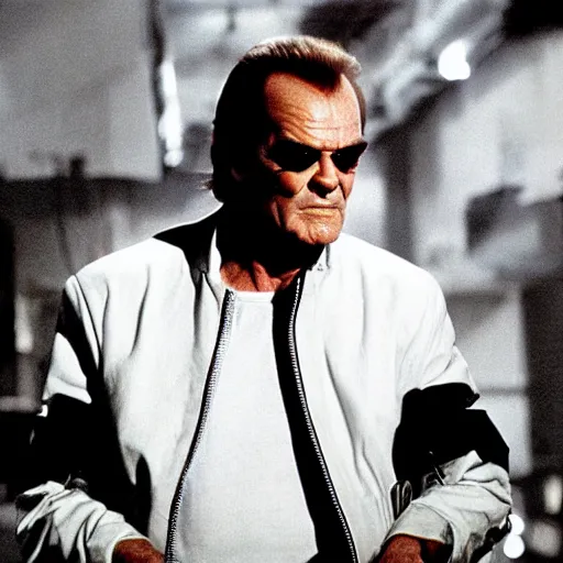 Image similar to Jack Nicholson plays Terminator, wearing leather jacket, red eye, VFX film