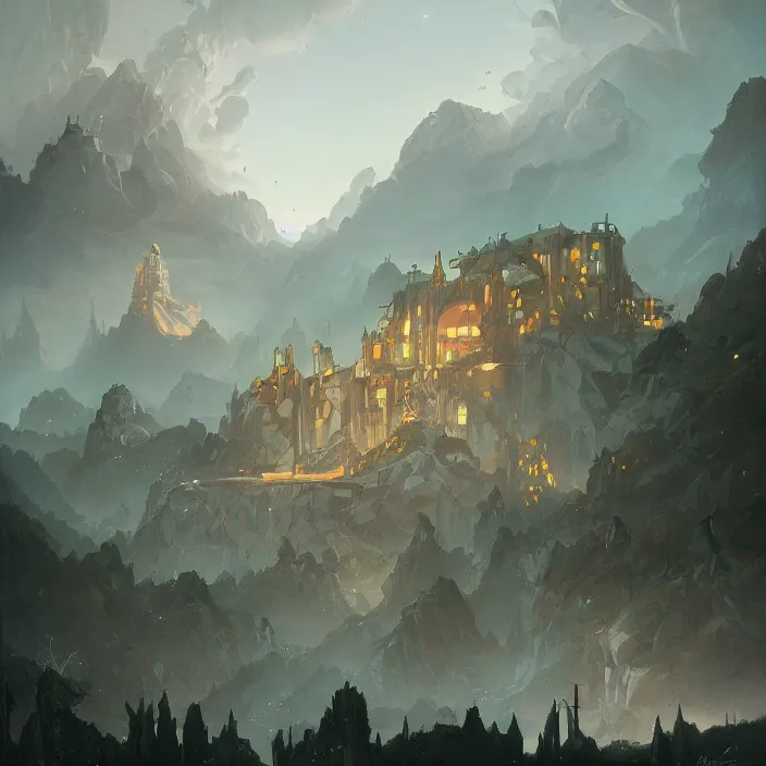 Image similar to a building in a landscape, by peter mohrbacher