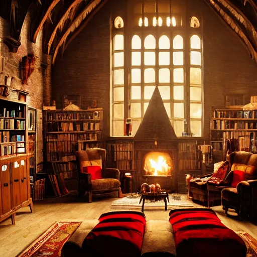 Image similar to A photograph of the Gryffindor common room, cozy arm chairs, a fire burning in the hearth, high ceilings, lit by many candles, light rays