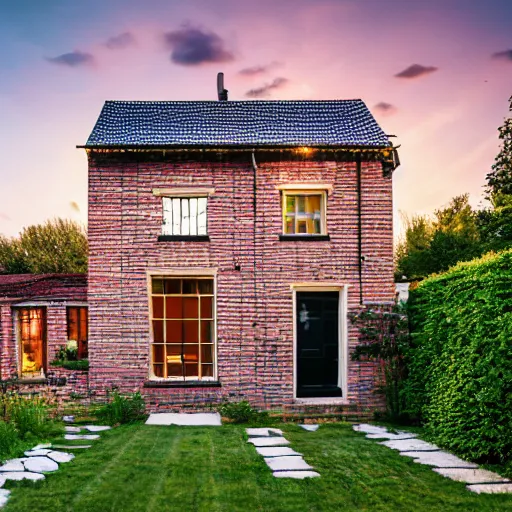 Prompt: a two floor house, exposed brick walls, large tinted window, black window frames, nice flowered distributed back yard with stonemasons, slate roof style, during sunset, nice house lighting