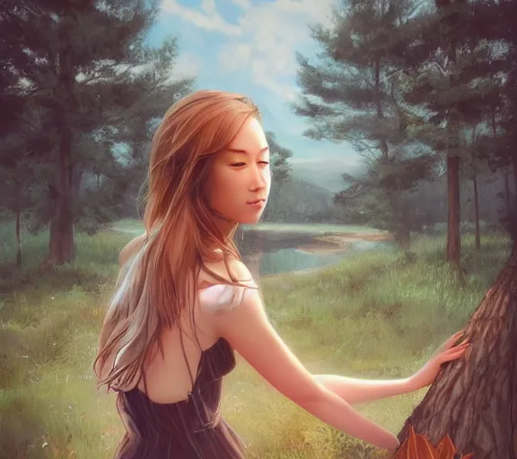 Image similar to a beautiful girl In front of the cabin, the country, by Artgerm Lau，hyperdetailed, trending on artstation, trending on deviantart