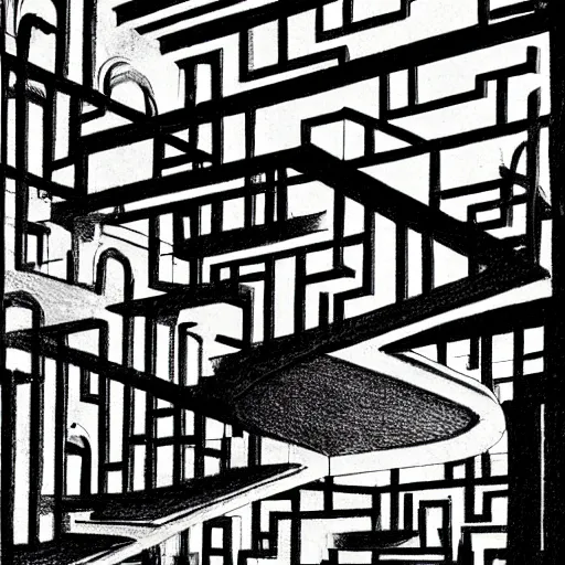 Prompt: Landscape drawing of a maze of stairs, Dark, Intense, Dramatic, prolific, Black and White by François Schuiten and M. C. Escher