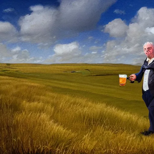 Image similar to a Scottish man holding a pint of beer in the middle of an empty field, In the back ground of the frame is a beautiful landscape., physically accurate, dynamic lighting, intricate, elegant, highly detailed, digital painting, very very ralph steadman, Hieronymus Bosch, Francis Bacon, concept art, smooth, sharp focus, illustration