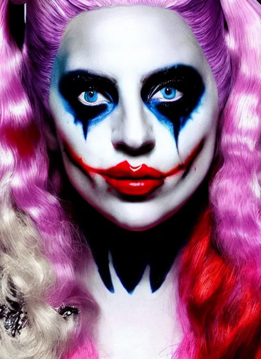 Image similar to portrait of Lady Gaga portraying a realistic Harley Quinn with little makeup in the movie Joker 2023, dramatic cinematic lighting, extremely detailed facial features, award winning photograph by Annie Leibovitz, 8k