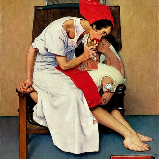 Image similar to katy perry as a nurse, she is giving a patient mouth to mouth resuscitation, oil painting by norman rockwell,