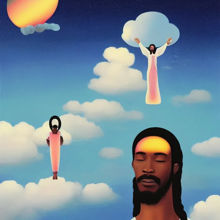 Prompt: UFO hovering over an African Jesus , clouds, colourful, painting by Hsiao-Ron Cheng,