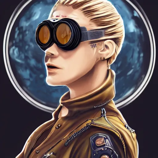 Prompt: highly detailed character concept art of stoic heroic emotionless square-jawed butch blonde tattooed woman engineer looking to side, wearing steampunk goggles and dirty ripped flight suit, on primitive planet, portrait, illustration, pulp sci fi, science fiction