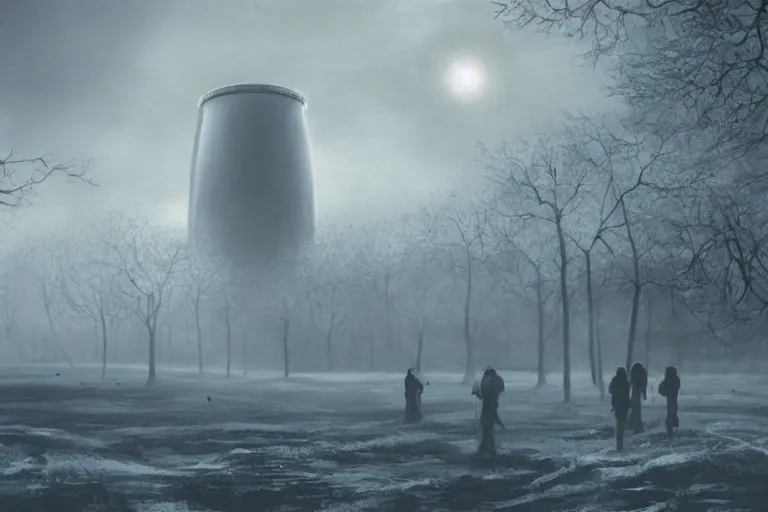 Image similar to nuclear winter, london, near future, fantasy, sci - fi, hyper realistic, serene, morning.