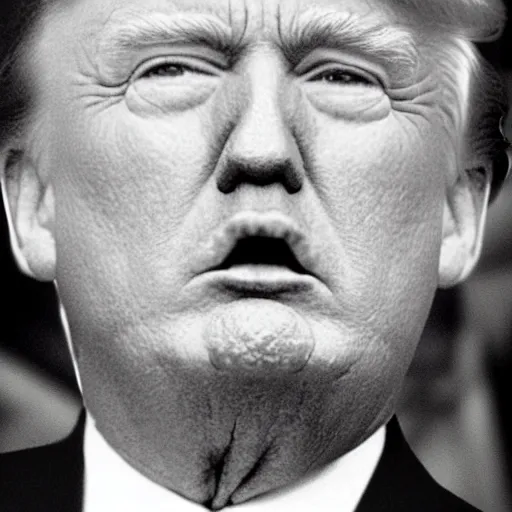 Image similar to a close up view of the face a hybrid between donald trump and hitler