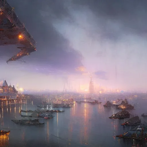 Prompt: Beautiful, future city, at night, dimmed lights, rooftops are connected by bridges, ultrawide shots, by Justin Gerard, Ivan Aivazovsky and Caspar David Friedrich, trending on artstation