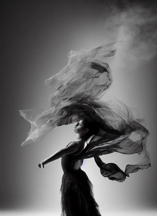 Image similar to a Photorealistic dramatic hyperrealistic render of a glamorous beautiful Female smoke dancer by Ken Brower and Deborah Ory of NYC Dance project,Lois Greenfield,Flowing cloth and smoke,Beautiful dynamic dramatic dark moody lighting,volumetric,shadows,cinematic atmosphere,Octane render,8K