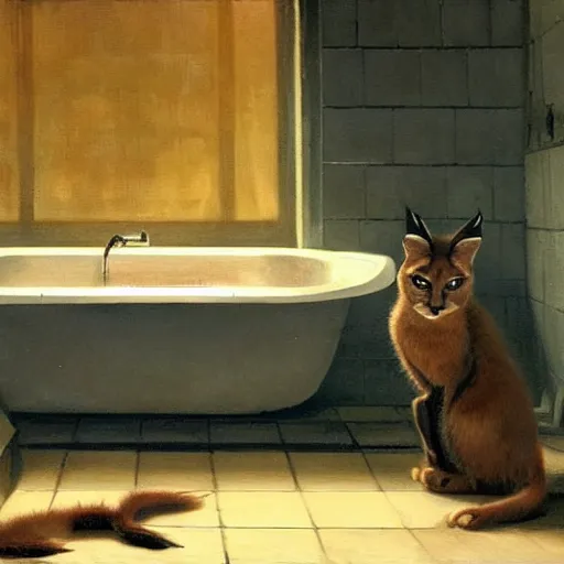 Image similar to cute caracal in bathtub, extremely detailed masterpiece, oil on canvas, low-key neon lighting, artstation, Blade Runner 2049, Roger Deakin’s cinematography, by J. C. Leyendecker and Peter Paul Rubens and Edward Hopper and Michael Sowa