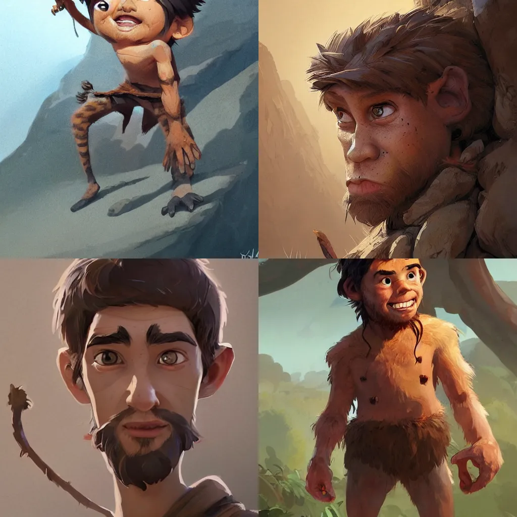 Prompt: Jake the boy from the stone age,detailed, cute face,epic,by rossdraws and greg rutkowski,wearing cave man clothes, concept art,