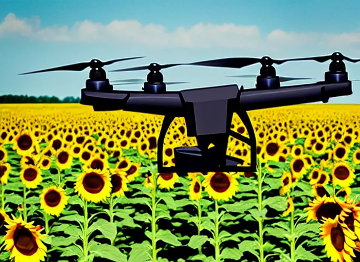 Image similar to Propaganda Poster of an American Military UAV in a sunflower field.