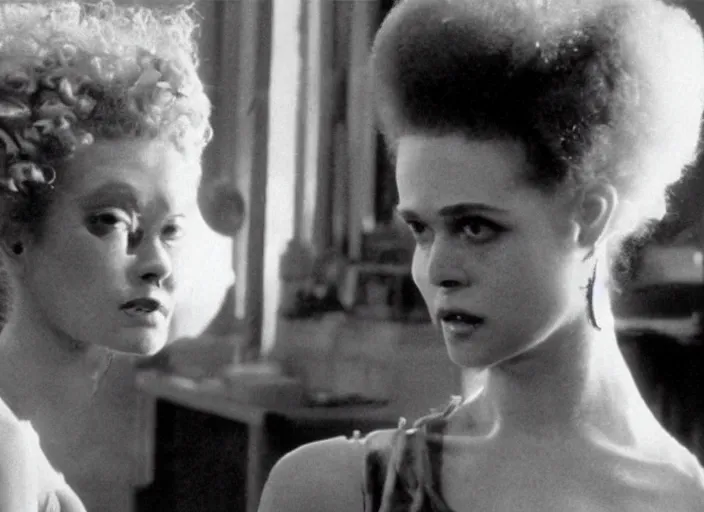 Image similar to bride of frankenstein as a teen, still from john hughes movie sixteen candles