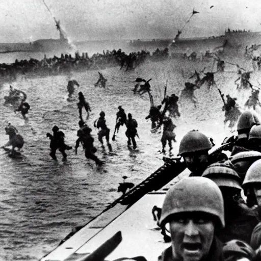 Image similar to go pro footage of d - day invasion, violent, blood, realistic