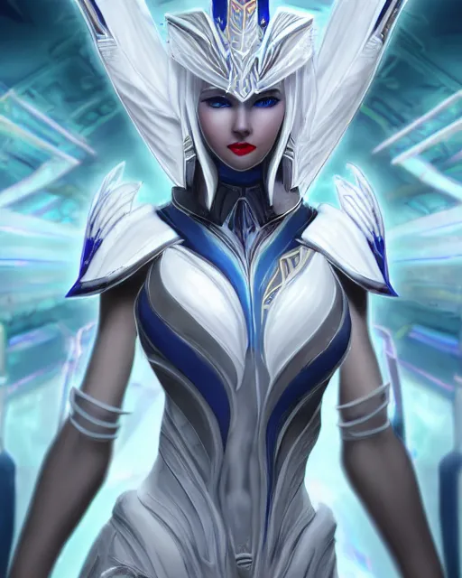 Image similar to perfect white haired attractive egyptian goddess, warframe armor, beautiful, symmetric, dreamy, half asian, pretty face, blue eyes, taylor swift, detailed, scifi platform, laboratory, experiment, 4 k, ultra realistic, epic lighting, android body, illuminated, cinematic, masterpiece, art by akihito tsukushi, voidstar