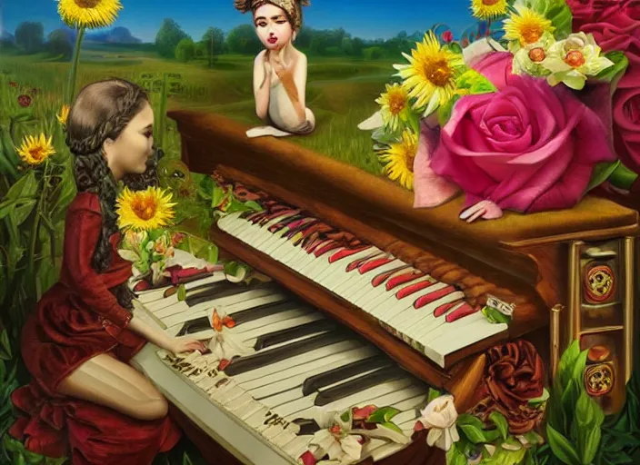 Image similar to 🌻🎹🎼, lowbrow in the style of camille rose garcia and mark ryden and salvador dali, 8 k, matte painting,