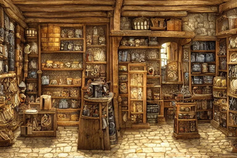Prompt: A tidy medieval shop viewed from the inside, texture, intricate, details, highly detailed, masterpiece, architecture, building, trending on artstation, focus, sharp focus, concept art, digital painting, fantasy, sunny, day, midday, in the style of Dungeons and Dragons