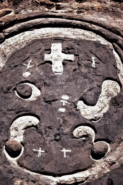 Image similar to 4 k photography of petroglyphs representing crosses, ufo, yin yang symbol on a cave