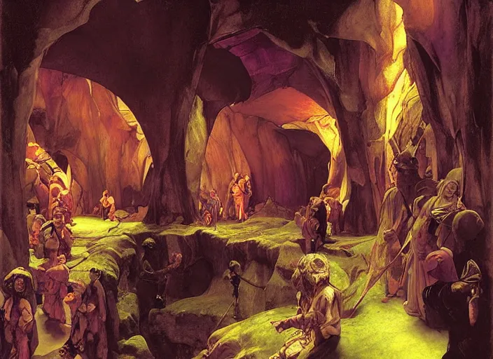 Prompt: underground cavern. the passageway eastward leads deeper into the cavern, and a pulsating, purple - orange glow beckons. edgar maxence and caravaggio and michael whelan and delacroix style, artistic, intricate painting, cinematic lighting, hyper realistic, extremely detailed, vivid colors, establishing shot, dramatic lighting.