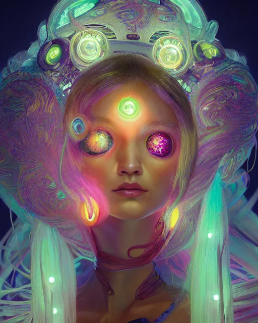 Prompt: a bioluminescent patchwork doll, highly detailed, digital painting, cinematic, hyperrealism, dark retrowave, art by stanley lau and artgerm and magali villeneuve and alphonse mucha, artstation, octane render