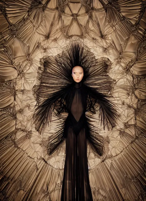 Image similar to a portrait of tessa kuragi by serge lutens, wearing iris van herpen outfit, photorealistic, intricate details, hyper realistic, photorealistic, canon r 3, photography, symmetrical features, symmetrical pose, wide angle shot, head to toe, standing pose, feet on the ground,