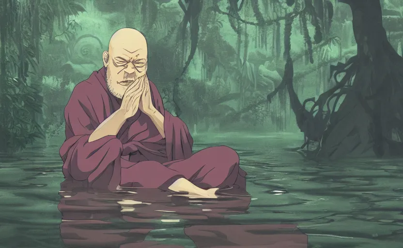 Image similar to a film still portrait of a mauve old monk meditating inside in a flooded temple jungle. finely detailed features, closeup at the faces, chronenberg, perfect art, grimdark, trending on pixiv fanbox, painted by studio ghibli