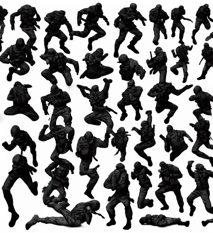 Prompt: monochromatic color scheme!! game asset of soldier poses, human anatomy art, running, jumping, in the style of richard schmidbauer, autumn rain turkel, rick dai, yolie leif, adam moore, kitbash, military, contra, rush n'attack, call of duty, artstation, pinterest, deviantart, aseprite, photoshop,