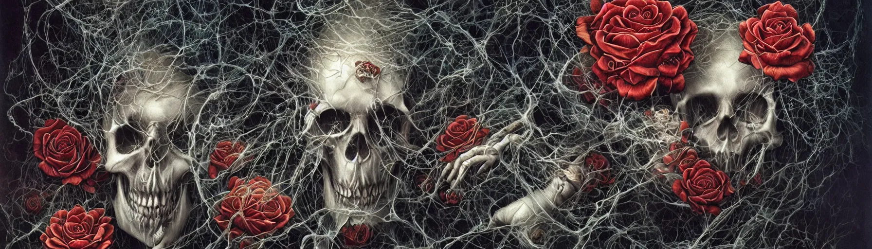Image similar to the ghost in the machie, dense web of neurons firing, psychedelic lights and fog, skull and roses and gnr imagery, zdzislaw, ayami kojima, yamamoto, barclay shaw, karol bak, hyperrealist, 8 k