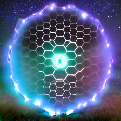 Image similar to mystical hexagonal portal in the night sky, made out of pure energy, hyperrealistic, photography