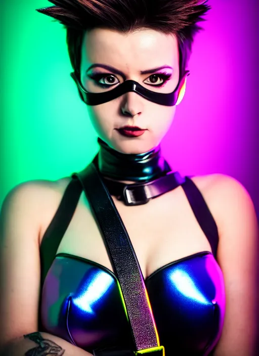 Image similar to realistic photo portrait of tracer overwatch, confident pose, wearing black iridescent rainbow latex, rainbow, neon, 4 k, expressive surprised expression, makeup, wearing detailed black leather collar, wearing sleek armor, studio lighting, black leather harness, expressive detailed face and eyes,