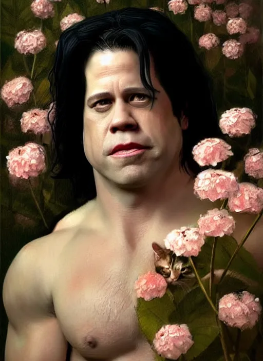 Prompt: potrait of glenn danzig surrounded by flowers and kittens, realistic, highly detailed, digital illustration, trending in artstation, classical painting, smooth, sharp focus art by ilya repin