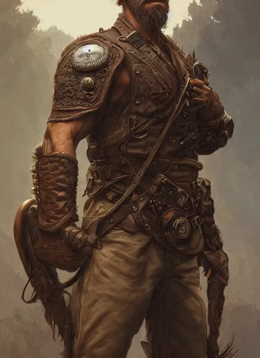 Image similar to portrait of a ruggedly handsome ranger, hands details, muscular, full body, leather, hairy, d & d, fantasy, intricate, elegant, highly detailed, digital painting, artstation, concept art, smooth, sharp focus, illustration, art by artgerm and greg rutkowski and alphonse mucha