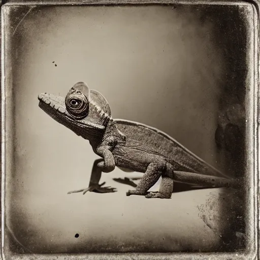 Image similar to wet plate photograph of a chameleon, daugerrotype, collodion photography