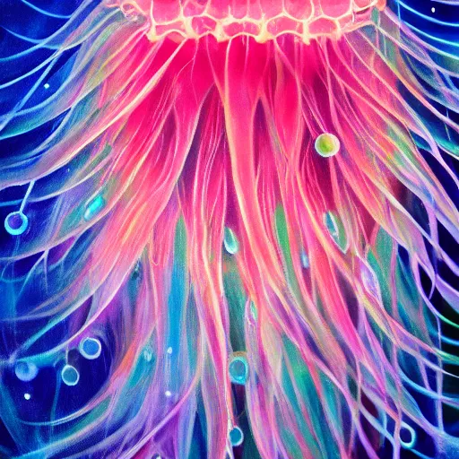 Image similar to furry jellyfish creature in magical realism luminescent airbrush underwater mystical world detailed painting 4 k