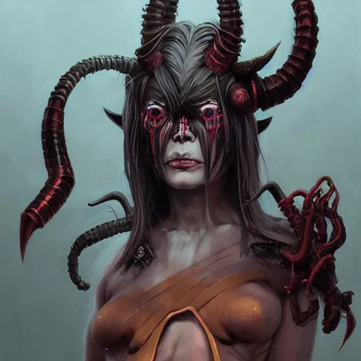 Image similar to portrait, cyberpunk japanese oni demon with horns, stern expression, long hair, highly detailed, digital painting, artstation, concept art, smooth, sharp focus, illustration, artgerm, tomasz alen kopera, peter mohrbacher, donato giancola, joseph christian leyendecker, wlop, frank frazetta