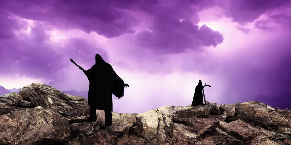 Image similar to the grim reaper standing on a rocky mountain shredding a guitar in a thunderstorm on a purple sky, widescreen