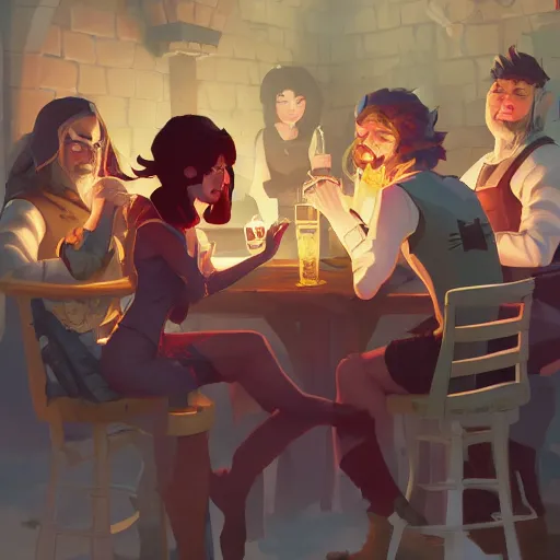 Prompt: a party of d & d characters drinking in a tavern, ambient lighting, 4 k, lois van baarle, ilya kuvshinov, rossdraws, erol otus, artstation