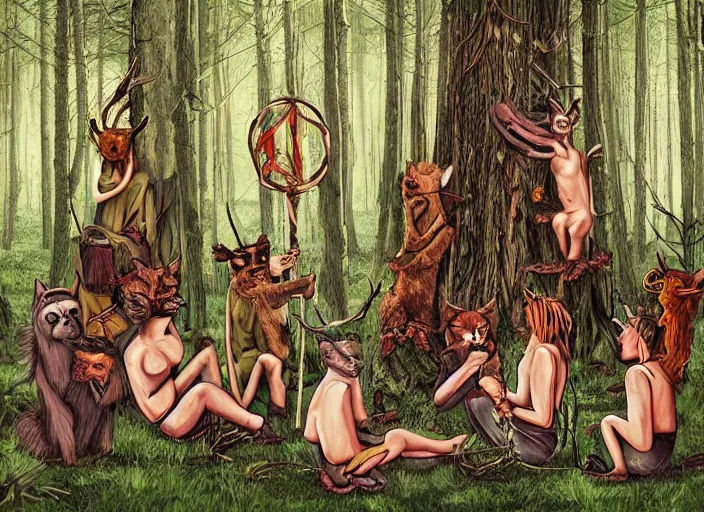 Prompt: forest pagan ritual with people with animal masks by andrews, esao, digital art