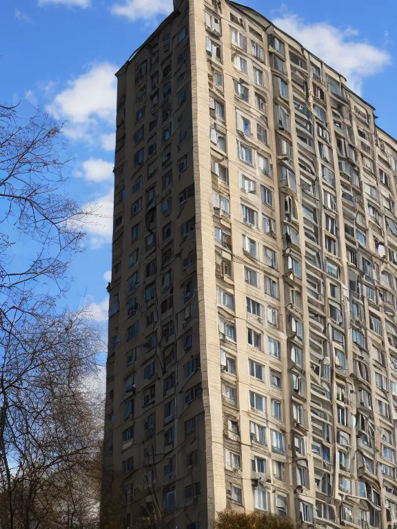 Image similar to low - cost soviet panel apartment building photo, extreme wide shot